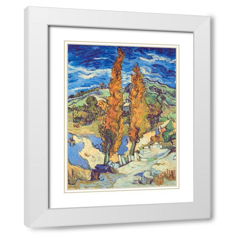 Two Poplars On Road White Modern Wood Framed Art Print with Double Matting by Van Gogh, Vincent