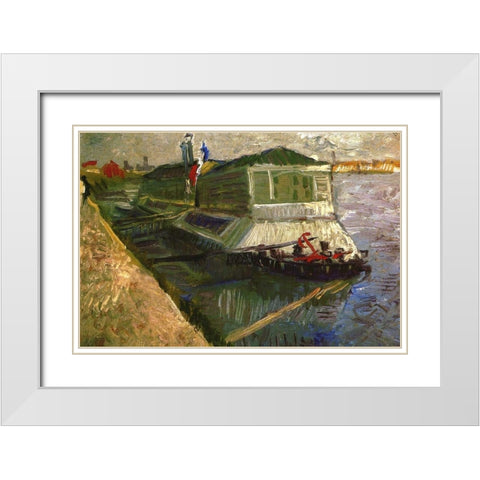 Bathing Float On Seine White Modern Wood Framed Art Print with Double Matting by Van Gogh, Vincent