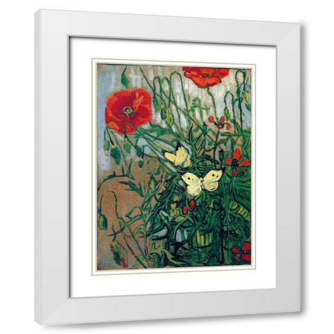 Butterflies And Poppies White Modern Wood Framed Art Print with Double Matting by Van Gogh, Vincent
