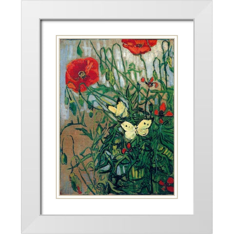 Butterflies And Poppies White Modern Wood Framed Art Print with Double Matting by Van Gogh, Vincent