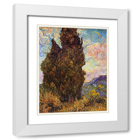 Cypresses White Modern Wood Framed Art Print with Double Matting by Van Gogh, Vincent