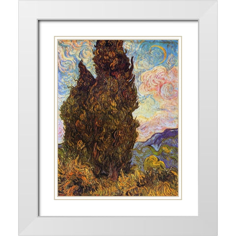 Cypresses White Modern Wood Framed Art Print with Double Matting by Van Gogh, Vincent