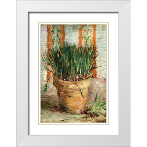 Flowerpot With Chives White Modern Wood Framed Art Print with Double Matting by Van Gogh, Vincent