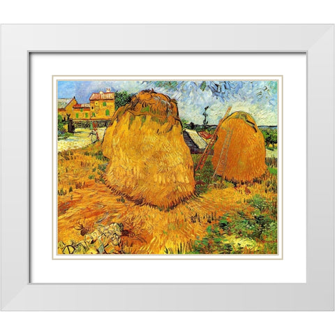 Haystacks In Provence White Modern Wood Framed Art Print with Double Matting by Van Gogh, Vincent