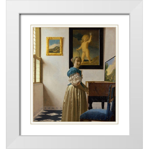 Lady Standing At A Virginal White Modern Wood Framed Art Print with Double Matting by Vermeer, Johannes