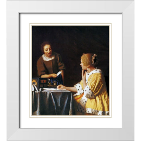 Lady With A Maidservant Holding A Letter White Modern Wood Framed Art Print with Double Matting by Vermeer, Johannes