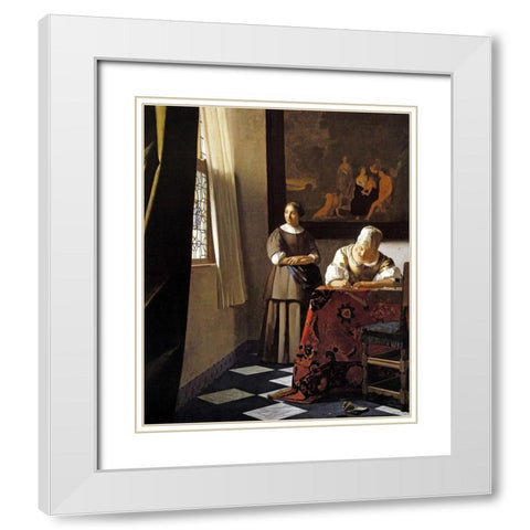 Lady Writing A Letter With Her Maid White Modern Wood Framed Art Print with Double Matting by Vermeer, Johannes