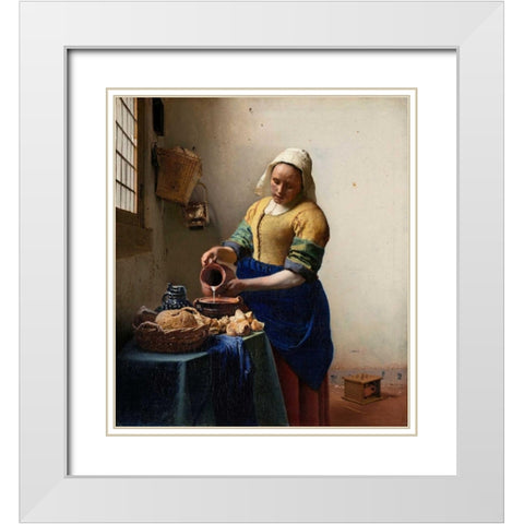 Milkmaid White Modern Wood Framed Art Print with Double Matting by Vermeer, Johannes