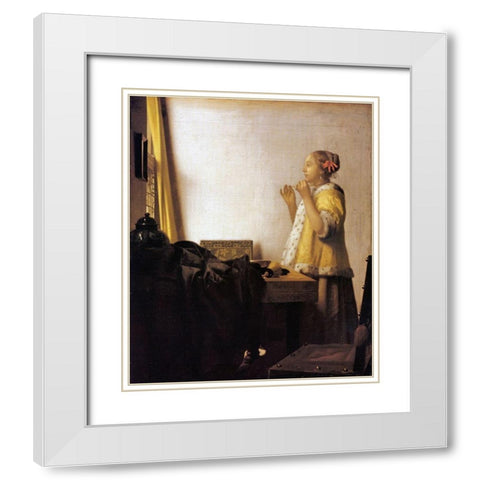 Woman With A Pearl Necklace White Modern Wood Framed Art Print with Double Matting by Vermeer, Johannes
