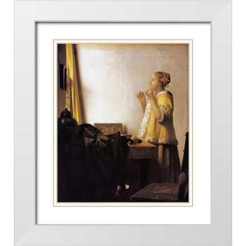Woman With A Pearl Necklace White Modern Wood Framed Art Print with Double Matting by Vermeer, Johannes