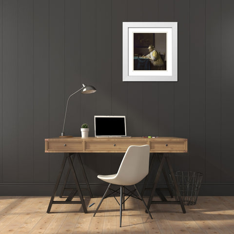 Writing Lady In Yellow Jacket White Modern Wood Framed Art Print with Double Matting by Vermeer, Johannes
