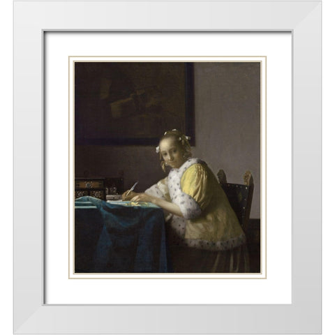 Writing Lady In Yellow Jacket White Modern Wood Framed Art Print with Double Matting by Vermeer, Johannes