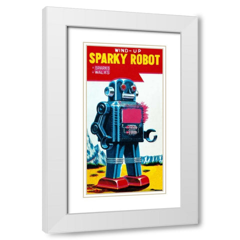 Sparky Robot White Modern Wood Framed Art Print with Double Matting by Retrobot