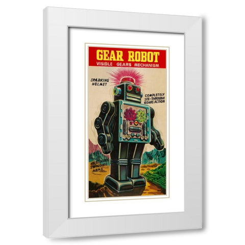 Gear Robot White Modern Wood Framed Art Print with Double Matting by Retrobot