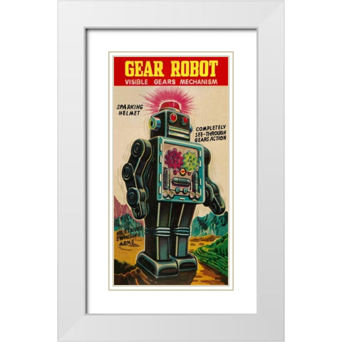 Gear Robot White Modern Wood Framed Art Print with Double Matting by Retrobot
