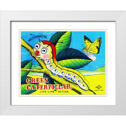 Mechanical Green Caterpillar White Modern Wood Framed Art Print with Double Matting by Retrobot