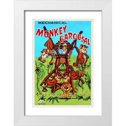 Mechanical Monkey Carousal White Modern Wood Framed Art Print with Double Matting by Retrobot