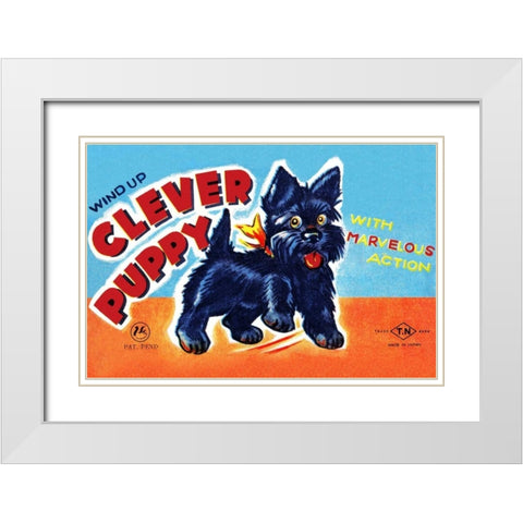 Wind Up Clever Puppy White Modern Wood Framed Art Print with Double Matting by Retrobot
