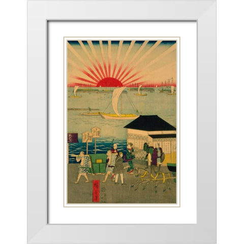 Famous places in Tokyo: real view of Takanawa #2 Featuring the Rising Sun. White Modern Wood Framed Art Print with Double Matting by Hiroshige, Utagawa