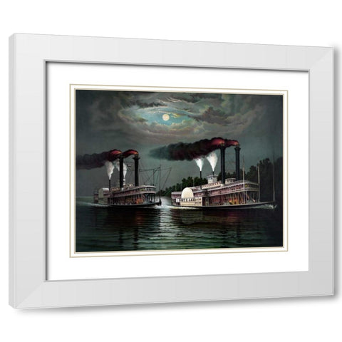 Race of the steamers Robert. E. Lee and Natchez on the Mississippi White Modern Wood Framed Art Print with Double Matting by Donaldosn