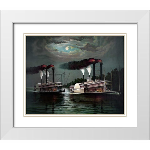 Race of the steamers Robert. E. Lee and Natchez on the Mississippi White Modern Wood Framed Art Print with Double Matting by Donaldosn
