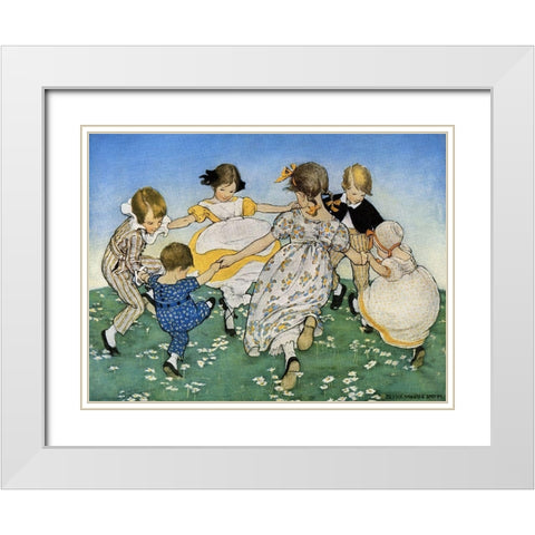 Girls in Circle - Ring Around the Rosie White Modern Wood Framed Art Print with Double Matting by Smith, Jesse Willcox