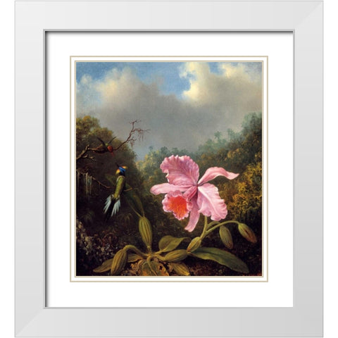 Fighting Hummingbirds With Pink Orchid White Modern Wood Framed Art Print with Double Matting by Heade, Martin Johnson