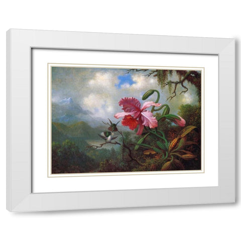 Orchid And Hummingbirds Near A Mountain Lake White Modern Wood Framed Art Print with Double Matting by Heade, Martin Johnson