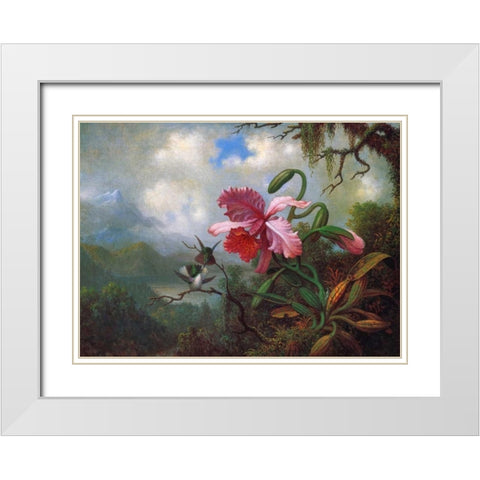 Orchid And Hummingbirds Near A Mountain Lake White Modern Wood Framed Art Print with Double Matting by Heade, Martin Johnson