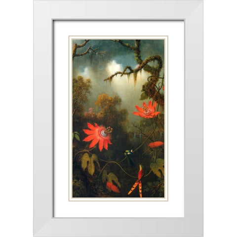 Two Hummingbirds Perched On Passion Flower Vines White Modern Wood Framed Art Print with Double Matting by Heade, Martin Johnson