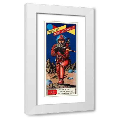 Wind-Up Moon Astronaut White Modern Wood Framed Art Print with Double Matting by Retrobot