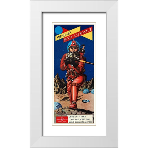 Wind-Up Moon Astronaut White Modern Wood Framed Art Print with Double Matting by Retrobot