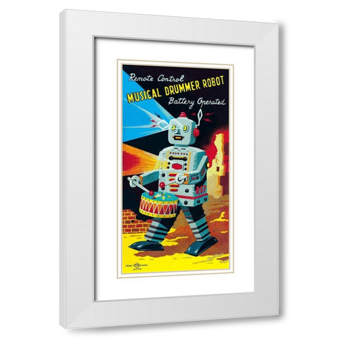 Musical Drummer Robot White Modern Wood Framed Art Print with Double Matting by Retrobot