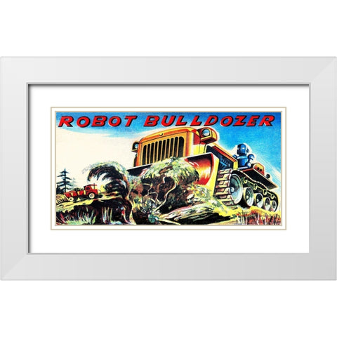 Robot Bulldozer White Modern Wood Framed Art Print with Double Matting by Retrobot