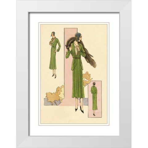 Emerald Suit with Stole White Modern Wood Framed Art Print with Double Matting by Vintage Fashion