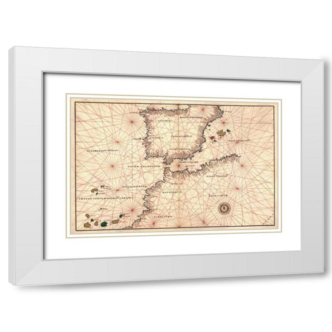 Portolan or Navigational Map of the Spain, Gibraltar and North Africa White Modern Wood Framed Art Print with Double Matting by Agnese, Battista