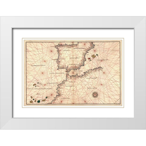 Portolan or Navigational Map of the Spain, Gibraltar and North Africa White Modern Wood Framed Art Print with Double Matting by Agnese, Battista