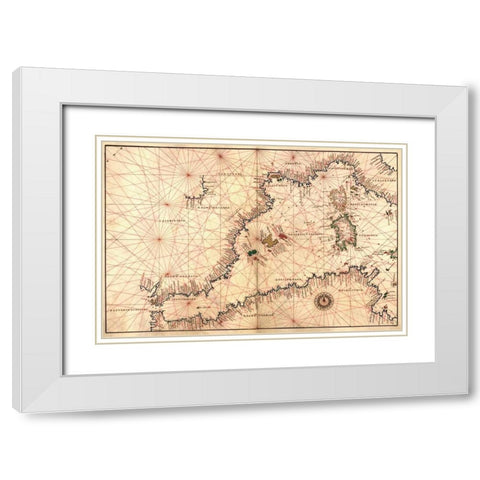 Portolan or Navigational Map of the Western Mediterranean from Gibraltar to Piedmont and Sardinia White Modern Wood Framed Art Print with Double Matting by Agnese, Battista