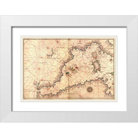 Portolan or Navigational Map of the Western Mediterranean from Gibraltar to Piedmont and Sardinia White Modern Wood Framed Art Print with Double Matting by Agnese, Battista