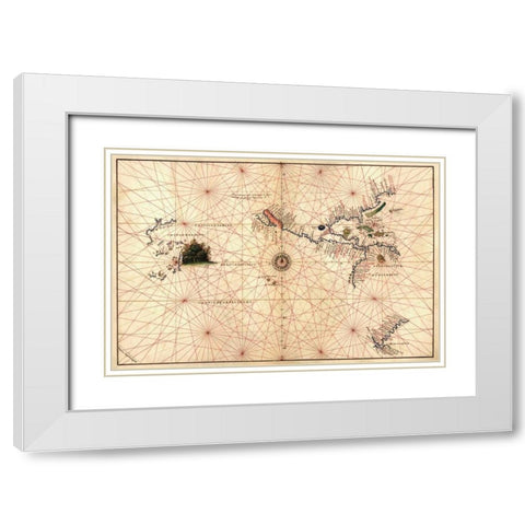 Portolan Map of the Western Hemisphere showing what will become the United States, Panama and a port White Modern Wood Framed Art Print with Double Matting by Agnese, Battista