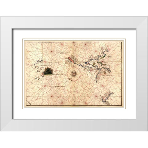 Portolan Map of the Western Hemisphere showing what will become the United States, Panama and a port White Modern Wood Framed Art Print with Double Matting by Agnese, Battista