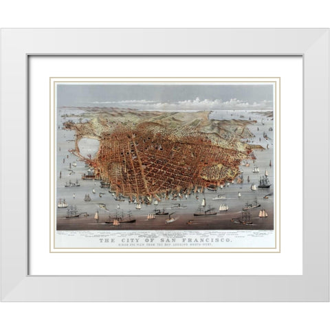 The City of San Francisco; Birds Eye View from the Bay Looking South-West White Modern Wood Framed Art Print with Double Matting by Currier and Ives