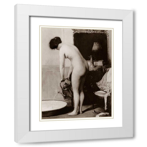 Pouring a Bath White Modern Wood Framed Art Print with Double Matting by Vintage Nudes