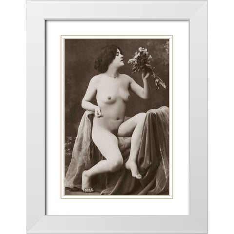 Nude with a Bouquet White Modern Wood Framed Art Print with Double Matting by Vintage Nudes