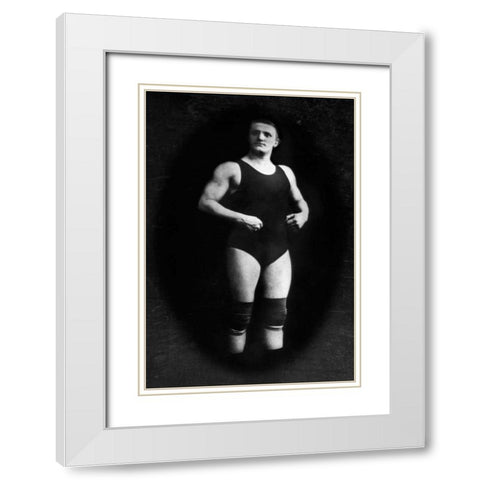 Bodybuilder in Wrestling Outfit and Knee Pads White Modern Wood Framed Art Print with Double Matting by Vintage Muscle Men