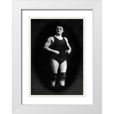 Bodybuilder in Wrestling Outfit and Knee Pads White Modern Wood Framed Art Print with Double Matting by Vintage Muscle Men