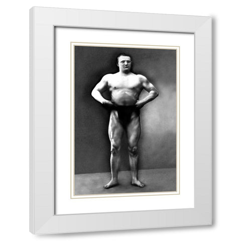 Strongman Pose White Modern Wood Framed Art Print with Double Matting by Vintage Muscle Men