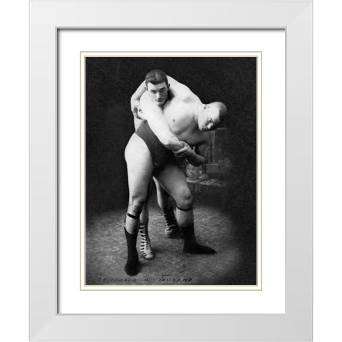 Hip Throw: Russian Wrestlers White Modern Wood Framed Art Print with Double Matting by Vintage Wrestler