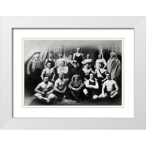 Group of Russian Wrestlers White Modern Wood Framed Art Print with Double Matting by Vintage Wrestler