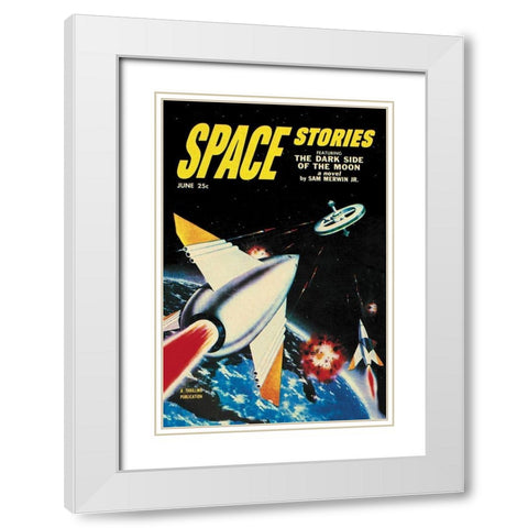 Space Stories: Assault on Space Lab White Modern Wood Framed Art Print with Double Matting by Retrosci-fi